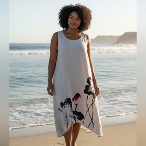 Zanzea lightweight summer dress, 100% cotton, off-white w red and black